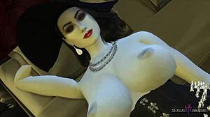 Animazione 3D con cartoni animati dei personaggi di Resident Evil 8, Ada Wong e Alcina Dimitrescu, in un incontro lesbo sensuale